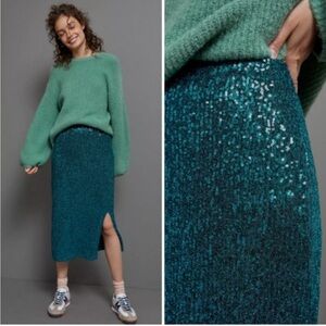Anthropologie Maeve Size XS Alicia Teal Green Sequin Midi Skirt Slit Concert